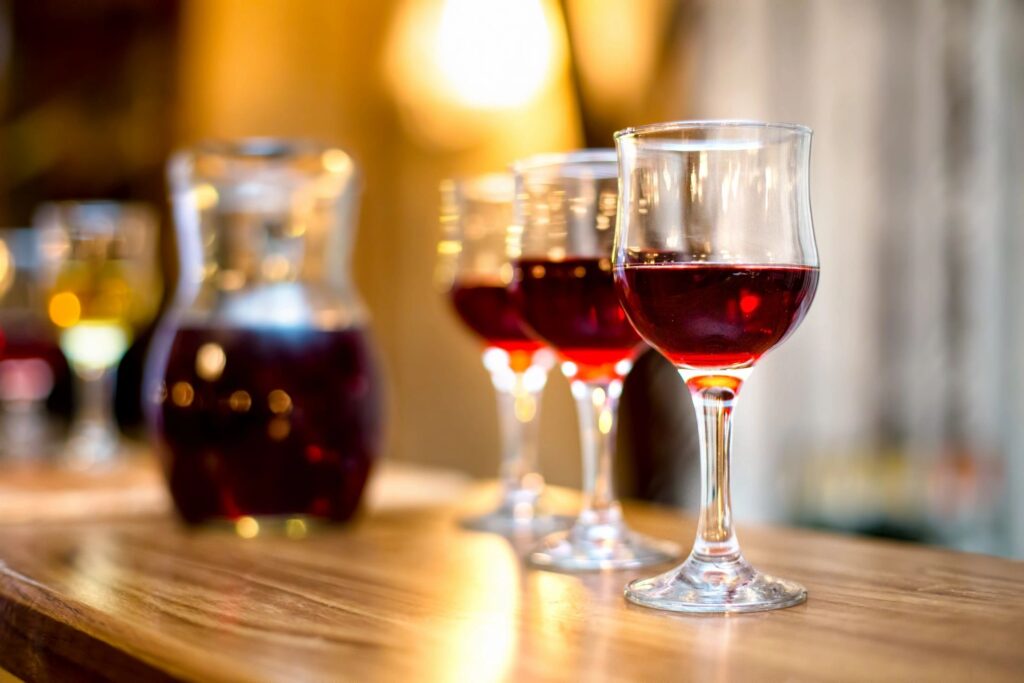 Three wine glasses lined up on a bar